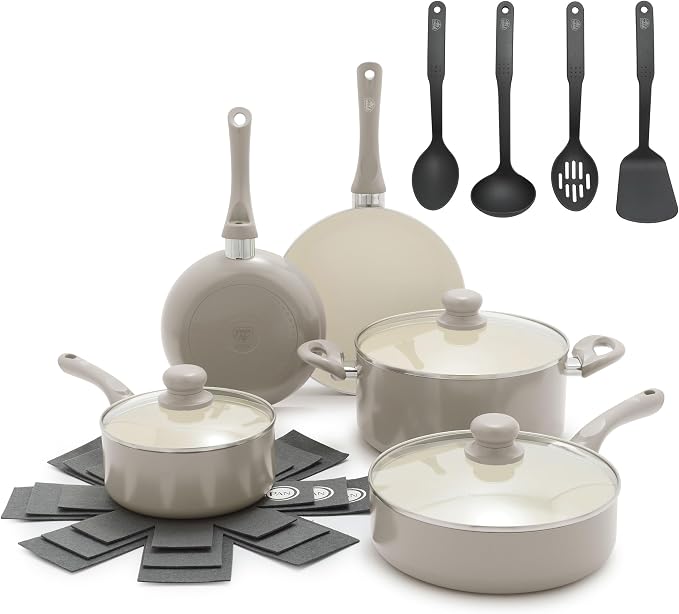 GreenLife 16pc Ceramic Nonstick Pots & Pans Cookware Set, Beige Taupe | PFAS-Free Nonstick Coating, Stockpot, Frying Pans, Saucepan, Sauté, Induction Ready, All Stovetop Compatible, Dishwasher Safe