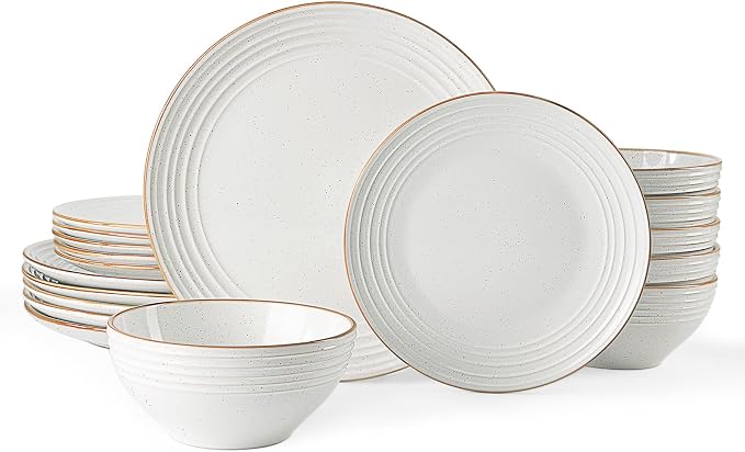 Famiware Jupiter Stoneware Dinnerware Sets, 18-Piece Speckled Dishes for 6 | Ceramic Plates & Bowls with Rim, Chip & Scratch Resistant, Microwave & Dishwasher Safe, Everyday & Formal Use, Neutral White