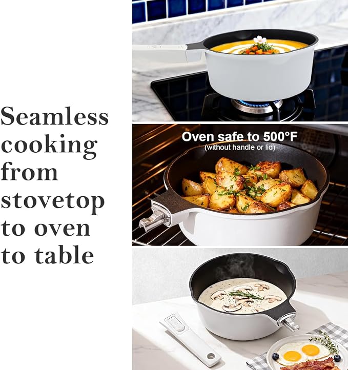 2.5 Qt Saucepan with Lid, Nonstick Sauce Pot with Pour Spout, White | Milk Pot with Detachable Handle, Compatible for All Stoves Including Induction, Oven Safe, PFOA PFAS PTFE Free
