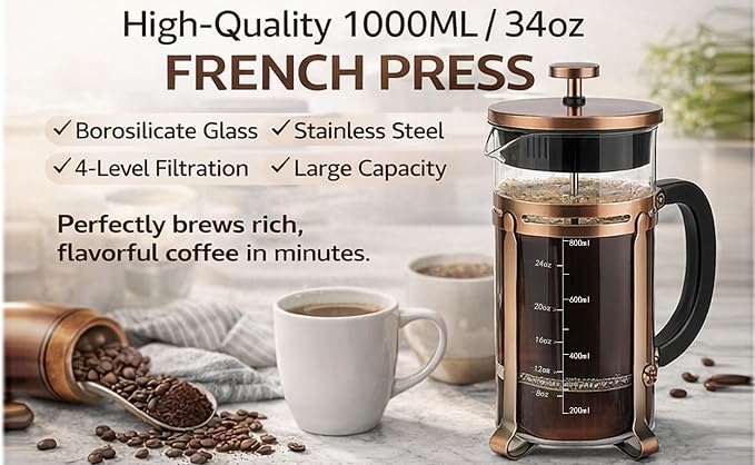 French Press Coffee Maker 34oz, Heat-Resistant Glass Coffee Maker-Bronze | Thickened Glass Stainless Steel, for Coffee, Cold Brew,Tea & Cocoa