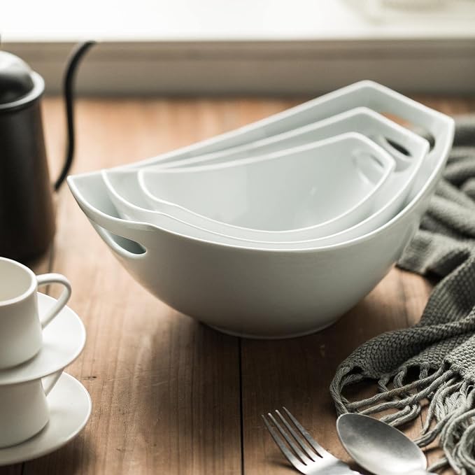 Gomakren White Serving Bowls for Entertaining, Porcelain Bowl with Handles | Set of 3 - 15/28/47oz, Multi-Size Nesting Bowls, Microwave Dishwasher Safe, Stackable Storage, Party Housewarming Gift