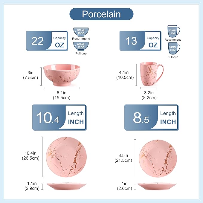 LOVECASA Pink Dinnerware Set for 4, 16 Piece Porcelain Dish With Plates, Bowls and Mugs, Gold Splash Glaze Round Modern Ceramic Dinner Set, Dishwasher Microwave Safe