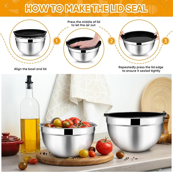 TeamFar Mixing Bowls Set of 5, Stainless Steel Metal Salad Bowls with Lids | 4.5/3/1.5/1/0.7 QT, Nesting Bowls, Ideal for Mixing Prepping Serving, Non-Toxic & Sturdy, Airtight Lid & Easy Clean, Black