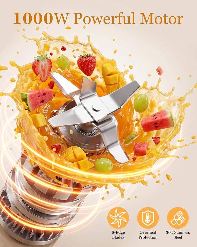 Smoothies Blender, 1000W High Power Household Kitchen Countertop Blender for Protein and Shakes, Personal Smoothie Maker Juice Mixers with 3 BPA-Free Cups (24/18/12oz)