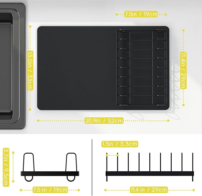 Soft Dish Mat & Dish Drying Rack Set, Large, Black | Quick-drying, easy-to-clean dish mat with rust-proof stainless steel dish rack. Ideal for kitchen counter.