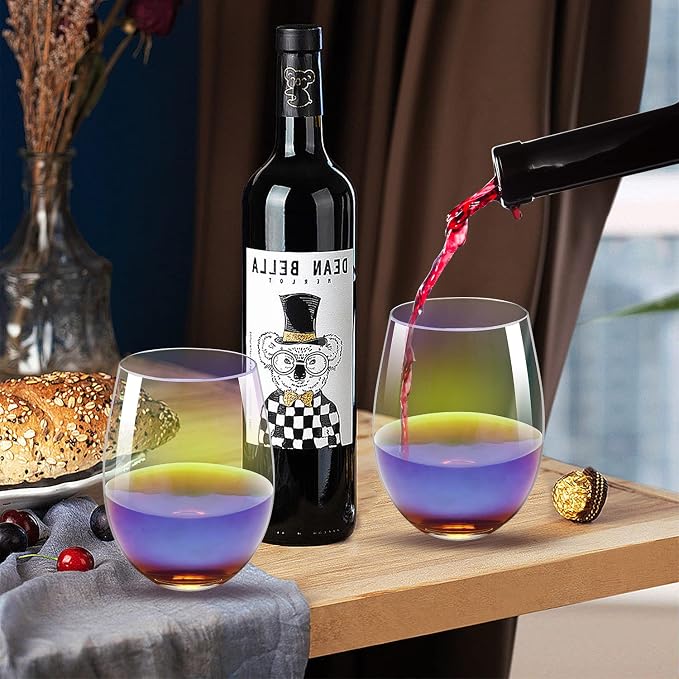 Stemless Wine Glasses Set of 4, 20 Ounce Iridescent Wine Glass for Red or White Wine, Whiskey- Pool Party Beach Travel Cups…
