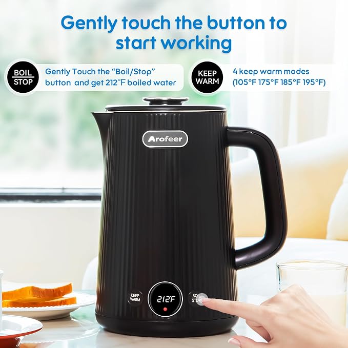 Arofeer® Electric Kettle Temperature Control, 1.7L Stainless Steel Electric Tea Kettle with LED Display, 5 Presets, 4-Hour Keep Warm, Fast Boil Hot Water Kettle for Tea, Coffee & Oatmeal, Black