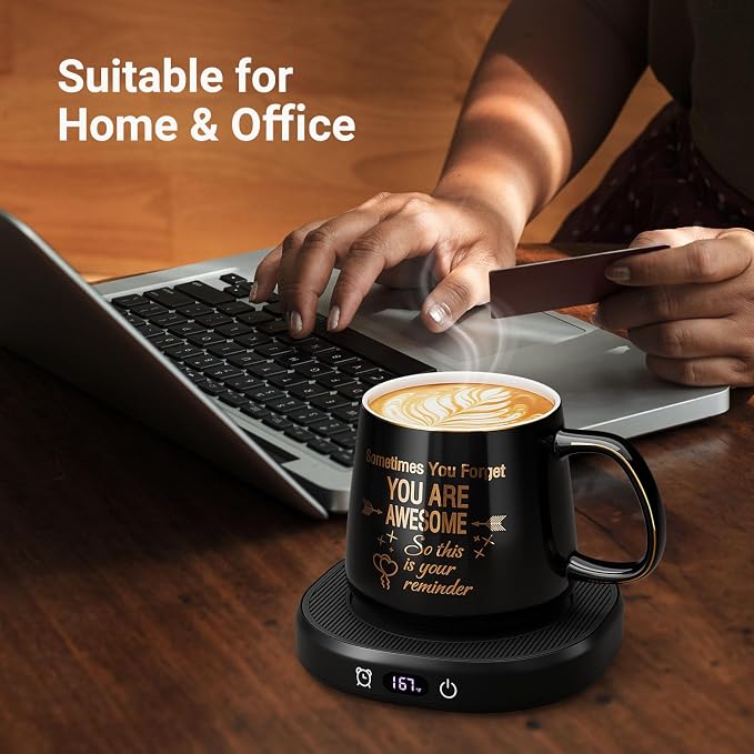 Coffee Mug Warmer & You are Awesome Mug Set, Electric Cup Warmer for Desk | Beverage Warmer Plate for Coffee, Tea, 4 Temperature Setting, 8-Hours Auto Shut Off, 14oz Mug with Spoon & Lid Included