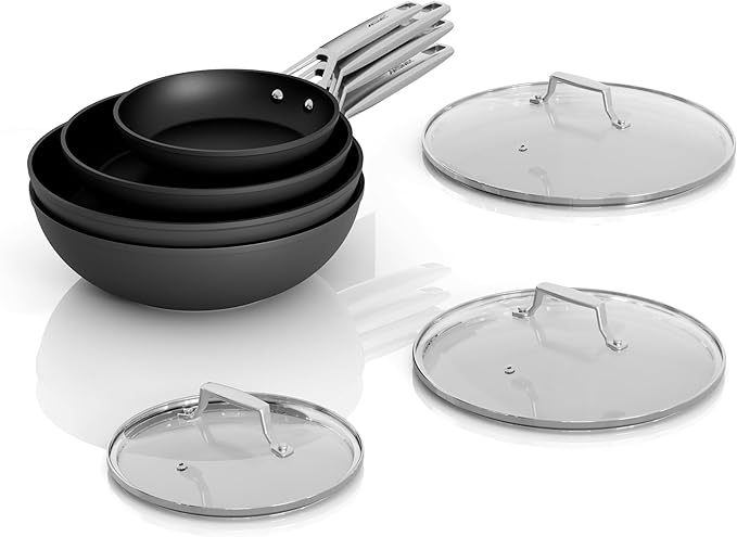MsMk 7-Piece Nonstick Frying Pan Set with Lid, Induction Cookware Sets | Non Toxic, Even Heating, Easy Clean, Dishwasher & Oven Safe, suitable for gas & electric & induction stoves, Stainless Steel