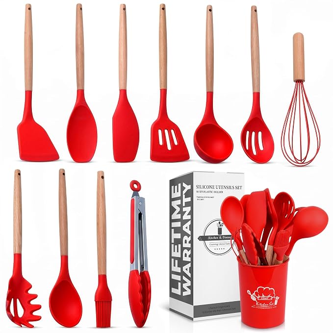 12 Pcs Red Kitchen Utensils Set with Holder – Versatile Silicone Utensils Set for Cooking and Baking, Gentle on Pots and Pans, Heat-Resistant, Stylish, Easy to Clean, Red Kitchen Accessories