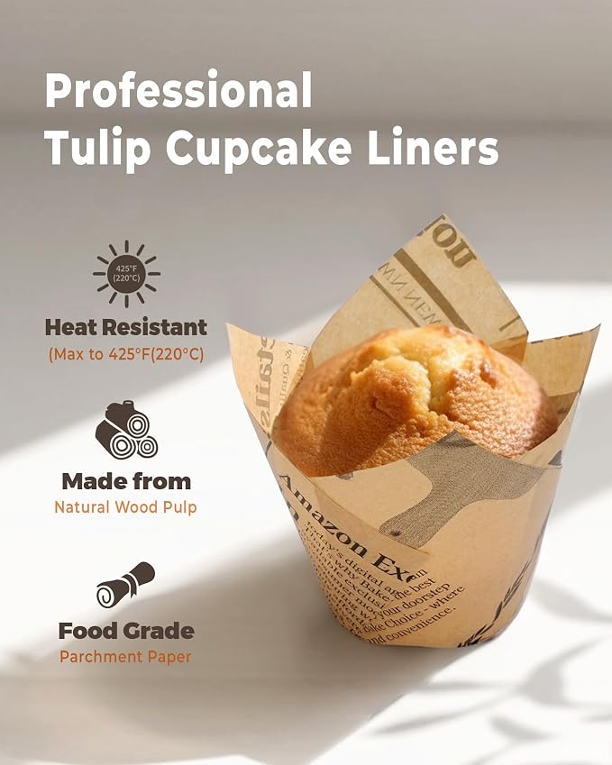 Bake Choice 200pc Standard Tulip Cupcake Liners for Baking, Newspaper Print | Tulip Muffin Liners, Non Stick, Grease Resistant Cupcake Wrappers for Party, Christmas