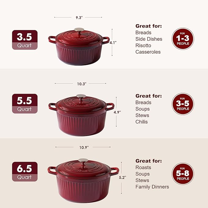 SENSARTE Enameled Cast Iron Dutch Oven Pot with Lid 3.5/5.5/6.5 Quart Heavy-Duty Round Dual Handles Kitchen Pot with Cotton Potholders & Silicone Trivet, Pot for Bread Baking, Stews, Braising, Roasting, Oven Safe, 3.5 Quart, Red