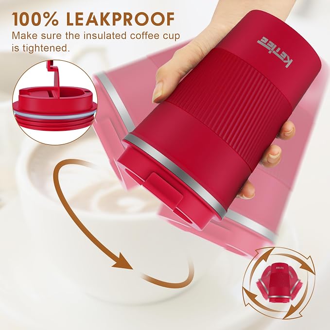 KETIEE Travel Coffee Mug Spill Proof 12oz, Insulated Travel Mug to Go, Reusable Coffee Cup with Seal Lid, Vacuum Stainless Steel Tumbler for Hot/Cold Drinks (Red)