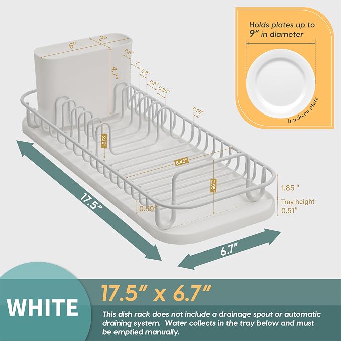 SunnyPoint 304 Stainless Steel NeverRust Compact Dish Drying Rack with Utensil Holder & Removable Drain Tray, Rustproof Small Dish Rack for Kitchen Countertop or Over Sink – White