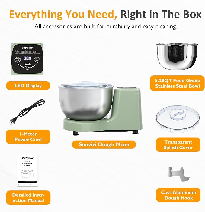 Sunvivi Electric Dough Maker with Ferment Function, 5.3QT Dough Mixer with Adjust Time, Household Stand Mixer Kitchen Flour Kneading Machine, LED Touch Panel, 304 Stainless Steel Bowl, Green