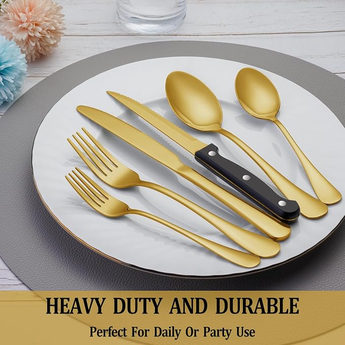 24 Pcs Gold Silverware Set with Steak Knives, Stainless Steel Flatware Cutlery Set for 4, Kitchen Tableware Sets, Utensil Sets for Home and Restaurant, Dishwasher Safe