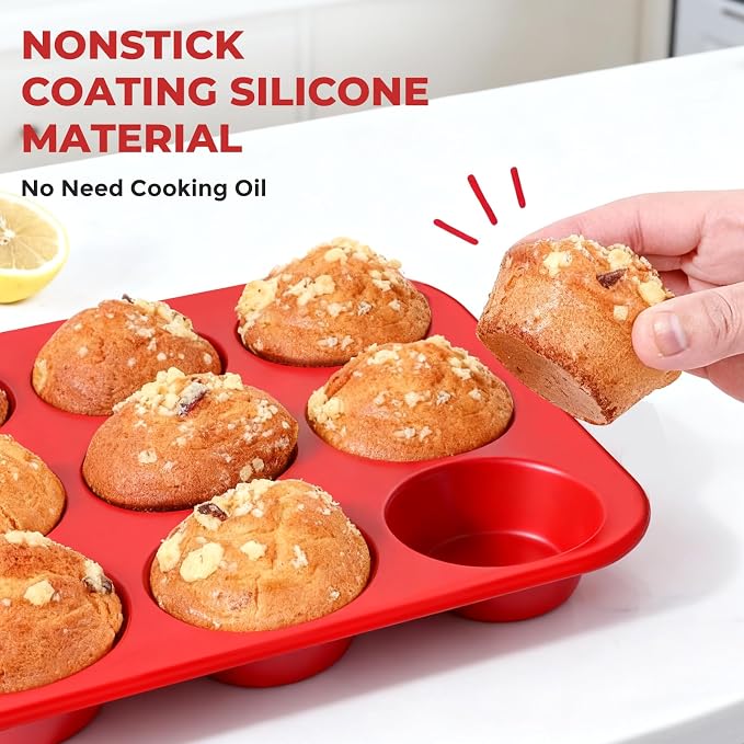 Silicone Muffin Pan for Baking: 12 Cup Muffin Pan with Metal Reinforced Frame, Regular Size Cupcake Egg Bites Molds for Baking, BPA Free Silicone Muffin Tray, Dishwasher Safe (1 Pack, Red)