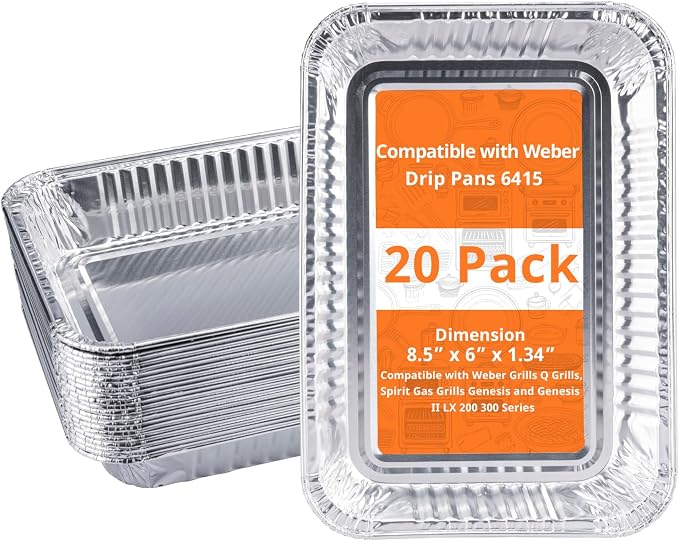 Grill Drip Pans for Weber 6415, Grease Tray Liners, 20 Pack | Disposable aluminum foil liners, 8.5 x 6 x 1.34 in; fits select Weber Q, Spirit, Genesis, Genesis II and Traveler grills.