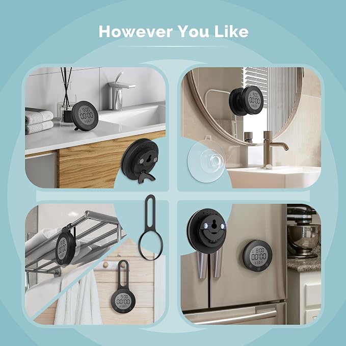 KADAMS Shower Clock Waterproof Bathroom Timer – Digital Wall Clock with Countdown, Magnetic Kitchen Clock with Temperature & Humidity, Suction Cup for Kids Shower Spa Cook Bath (Matte Black)
