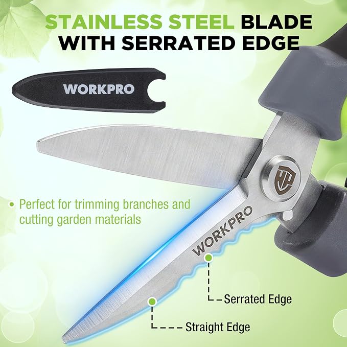 WORKPRO 8" Pruning Shears for Gardening, Multipurpose Garden Shears | Stainless Steel Blade with Sheath, Straight Pruning Scissors Garden Snips for Flowers, Fruits & Vegetables