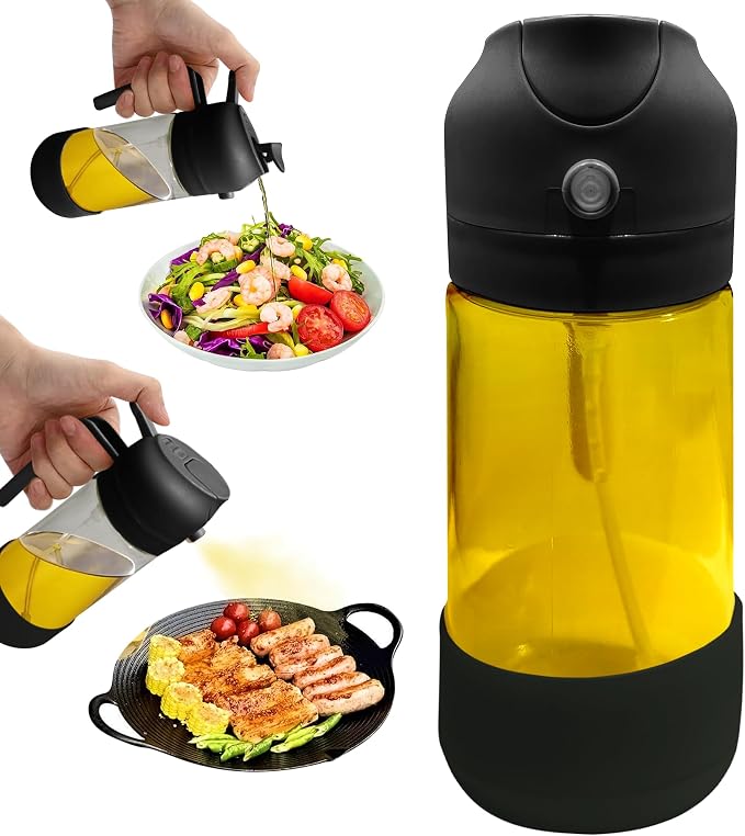 MBO 2-in-1 Olive Oil Spray Bottle for Cooking – 16oz / 470ml Glass Dispenser with Silicone-Encased Base, Mist & Pour Spout – Refillable Kitchen Gadget for Air Fryer, Salad, BBQ