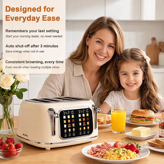 Mecity Toaster 4 Slice, Touch Screen Wide Slot Retro Toaster For Breads Bagel Muffin Waffle, House Warming Gift New Home, 120V 1650W, Cream Color