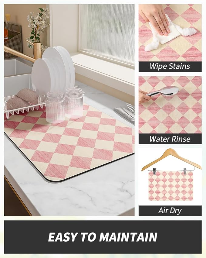 AMOAMI Coffee Mat Hide Stain Rubber Backed Absorbent Dish Drying Mat for Kitchen Counter - Fits Under Coffee Maker or Machine - PINK 16X24
