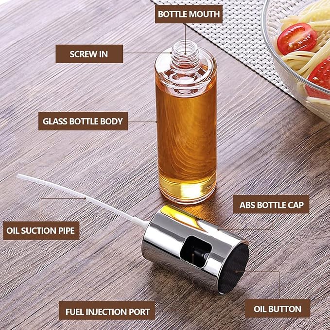 AKOAK 1 Count Cooking Oil Sprayer, 100ml Olive Oil Dispenser, Food Grade Clear Glass Spray Bottle, for Barbecue/Salad/Kitchen Baking (Silver)
