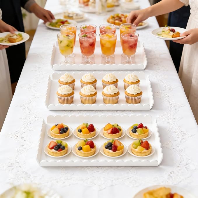 Acrylic Serving Trays 3 Pack, Glossy White Scalloped Acrylic Platters for Party Table Serving Food Cupcake Fruit, 12.9 x 7.1 Inch Reusable Catering Dessert Coffee Table Serving Tray for Wedding Event (Tray-White)
