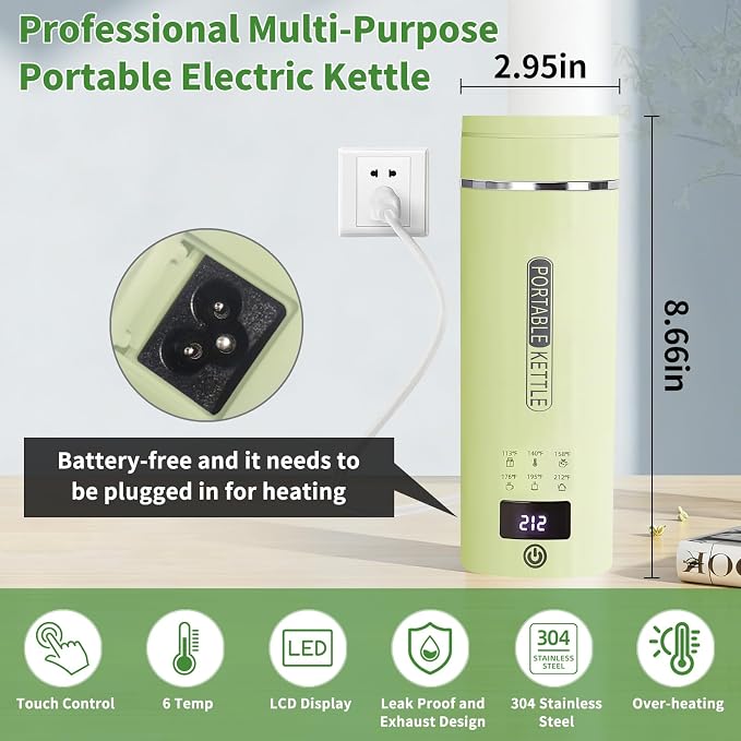 Green Travel Electric Kettle with LCD Display, 6 Temperature Settings, 450ml / 15.2oz, 304 Stainless Steel, Auto Shut-Off and Dry Boil Protection, Compact and Portable Electric Kettle