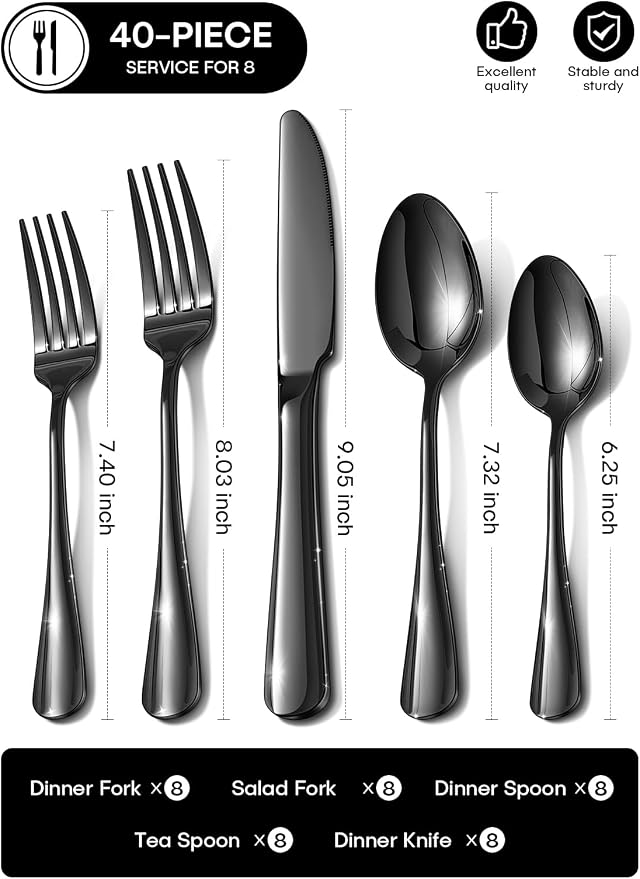 Black Silverware Set, 40 Piece Food-Grade Stainless Steel Flatware Set for 8 Include Spoons Knives and Forks Mirror Polished Rust-proof Modern Design Dishwasher Safe