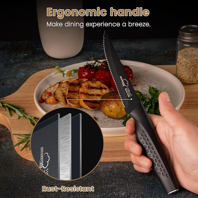 Steak Knives, Steak Knives Set of 8, Stainless Steel Steak Knife Set, Serrated Knives Dishwasher Safe, Elegant Black Mothers Day Gifts for Women