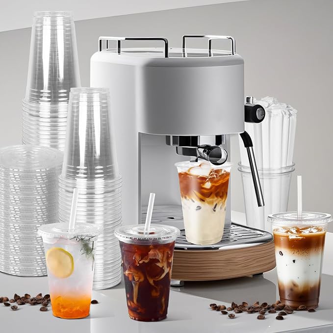 Charmount 100 Sets- 20 oz Clear Plastic Cups with Lids and Straws | Disposable To Go Cups for Cold Drinks, Coffee Bar Accessories, Iced Coffee, Smoothies