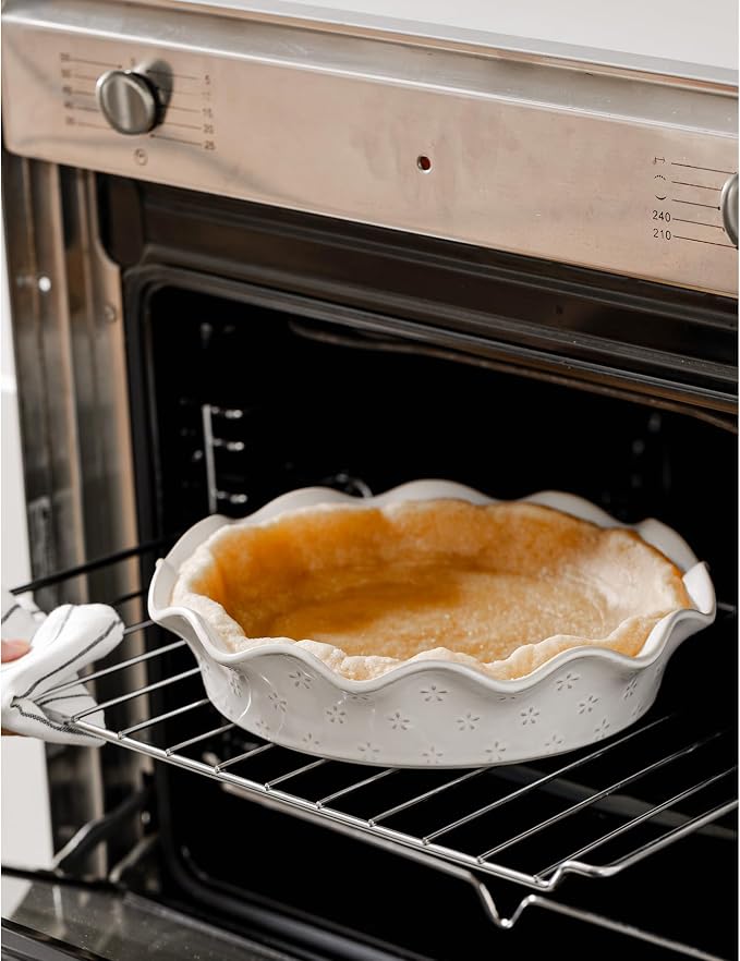 Ceramic Deep Pie Pan for Baking, 11 inch Porcelain Pie Plate for Apple Pie, Oven & Dishwasher Safe, Farmhouse Decor, 48 Ounce Deep Plate for Kitchen, Non-Stick Pie Dish, Embossed Flower