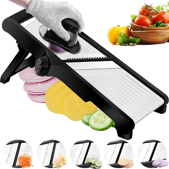 WELTONHM Mandoline Slicer, Adjustable Mandoline Slicer for Kitchen, Stainless Steel Mandolin Vegetable Chopper for Potato, Julienne Cutter with Cut-Resistant Gloves, Black | Stainless Steel Mandoline Slicer for Onion, Cucumber, Cabbage, Potato and Carr...