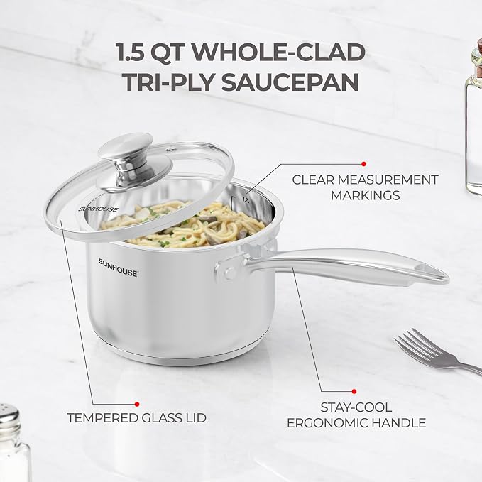 SUNHOUSE 1.5 QT Stainless Steel Saucepan with Lid, 3-Ply Small Sauce Pot | 18/10 Stainless Steel Pot For Cooking - Induction Compatible Milk Pan - PFOA Free, Oven & Dishwasher Safe Sauce Pan