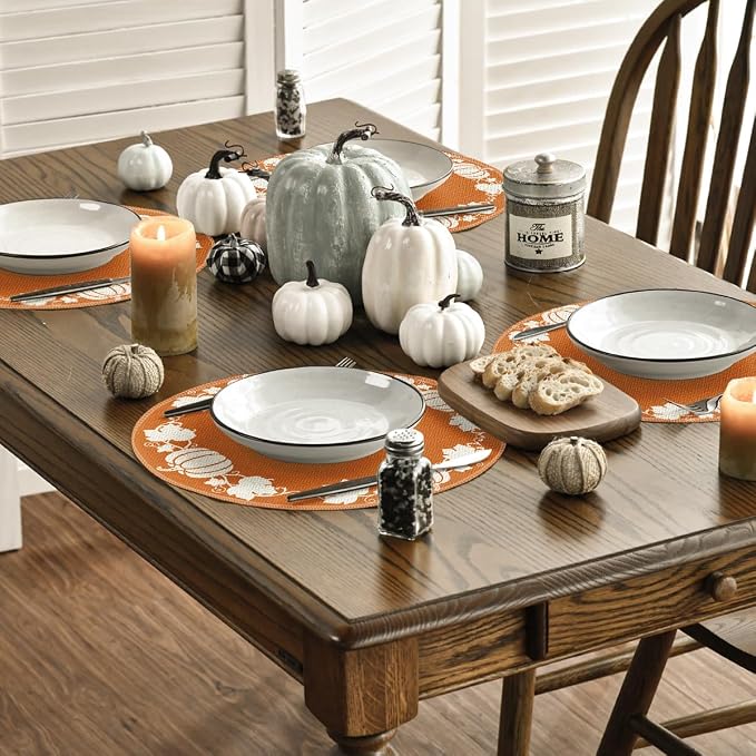 Artoid Mode Orange Pumpkin Leaves Round Fall Placemats Set of 4-14 Inch | Heat-Resistant, Washable Table Mats, Seasonal Autumn Kitchen Dining Decor