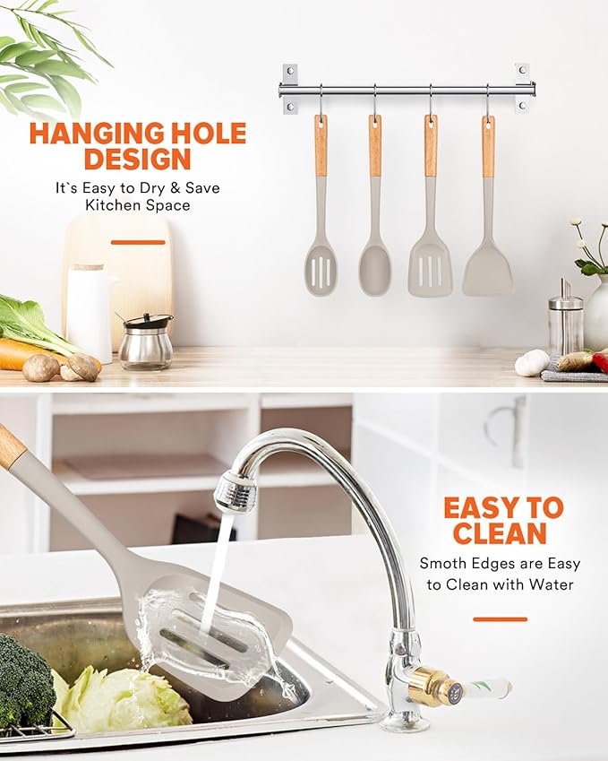 Silicone Cooking Utensils Set, Safe for Nonstick Cookwares, Khaki | Perfectly Angled for Frying, Mixing,Serving,Draining,Turning and Stirring, BPA-Free Matte Silicone, Wood Handles,4 Pack
