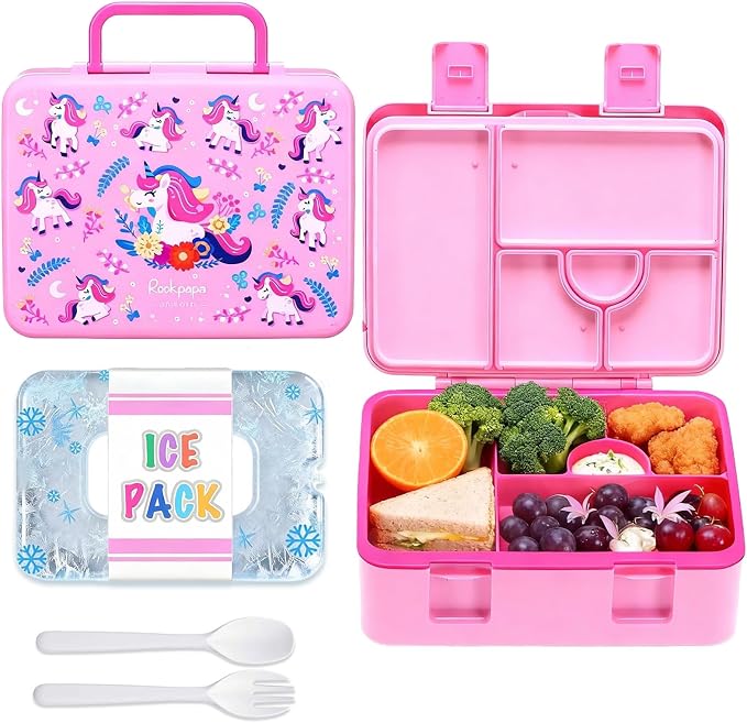 rockpapa Chill Bento Box for Kids- Large 5.5 Cups Lunch Box with Ice Pack - 5 Compartments, BPA-Free, Leak Proof, with Utensils & Portable Handle, Microwave/Dishwasher Safe (Pink Unicorn)
