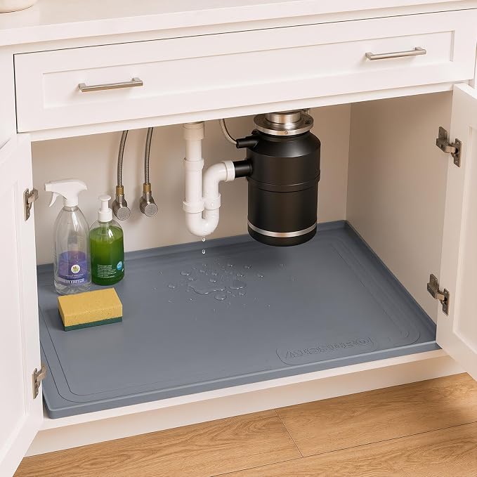 Under Sink Mat 25x19, Waterproof Liner for Under Sink Organizers, Dark Gray | BPA-Free Silicone with 0.59" Raised Edge Helps Contain Leaks, Spills & Drips to Protect Kitchen Cabinets