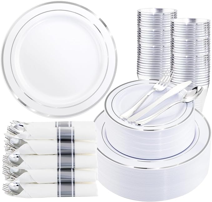 350Piece Silver Plastic Dinnerware Set for 50 Guests - Silver Plastic Plates with Cutlery Include:50Dinner Plates-50Dessert Plates-50Pre Rolled Napkins with Silverware Party Wedding
