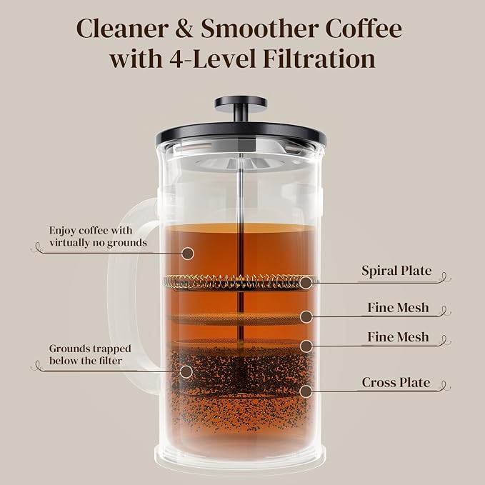 Veken French Press Coffee Maker,No Plastic Touches Cafe,21oz 0.6L Small Pot | Heat Resistant Thickened Borosilicate Glass Stainless Steel Brewer, Single Serve,Kitchen,Travel,Camping,Tea,Gifts,Dark Pewter