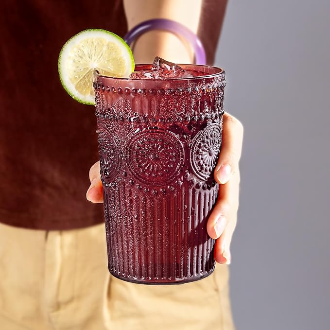 Ciaell 12 Pack Burgundy Plastic Water Glasses for Parties Dinners | 14 oz Burgundy Embossed Ribbed Vintage Drinking Cups, Heavy Duty Plastic, Beer Juice Cocktails for Outdoor Bars Showers