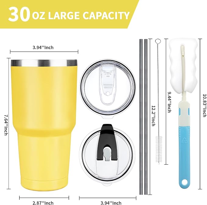 30 oz Tumbler with Lids and Straws, Stainless Steel Insulated Coffee Tumbler, Double Wall Vacuum Insulated Travel Mug Cup, Leakproof Thermal Coffee Cup for Hot and Cold Drinks (Yellow)