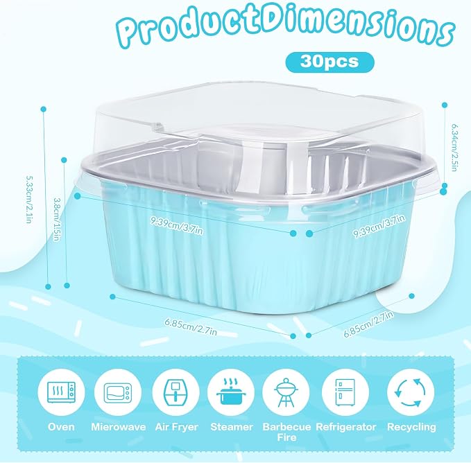 30Pack 5oz Mini Cake Pans with Lids Baking Cups Aluminum Foil Pans Tins, Individual Dessert Cups Containers for Sales,Party,Picnics Sky Blue