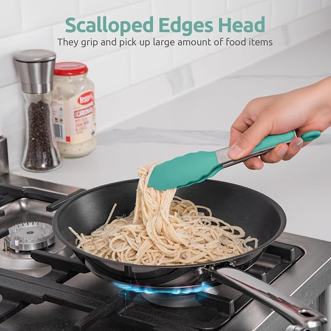 U-Taste Kitchen Tong for Cooking, 600ºF Heat-Resistant Tps, 7in/Aqua Sky | Small Mini Silicon Tongs for Serving Food, Short Salad Thong with Non Stick Rubber Tips & 18/8 Stainless Steel Handle