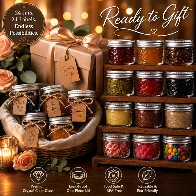 4 oz Glass Jars with Lids, 24 Pack Wide Mouth Small Mason Jars with Twine & Tags, Airtight Leakproof Mini Jam & Jelly Jars with Label Area for Honey, Desserts, Party Favors & Homemade Food Gifts