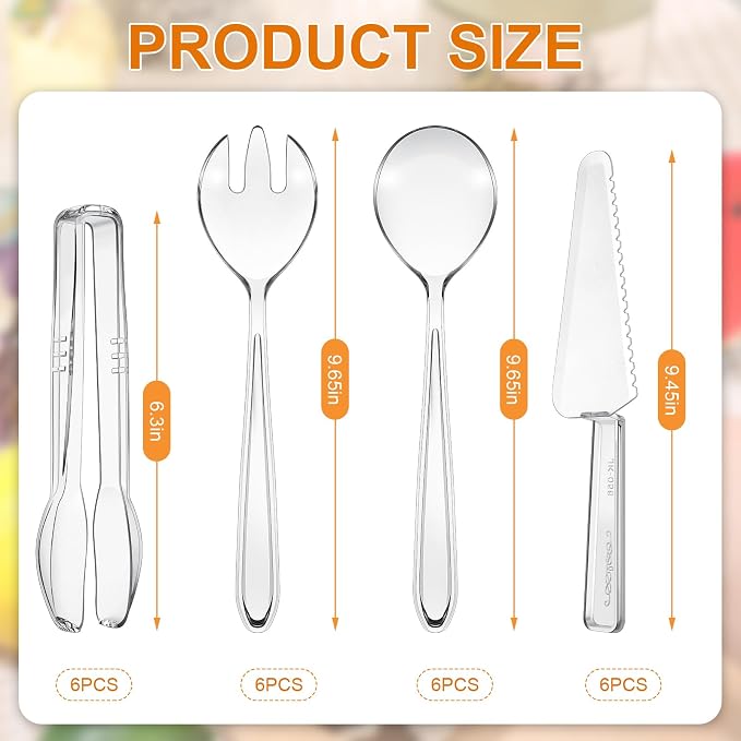 24 Pcs Disposable Plastic Serving Utensils Set Spoons Forks,Clear | Serving Spoons Forks Knives Tongs, Clear Design for Wedding Graduation Party Buffet Catering Events, Lightweight Sturdy