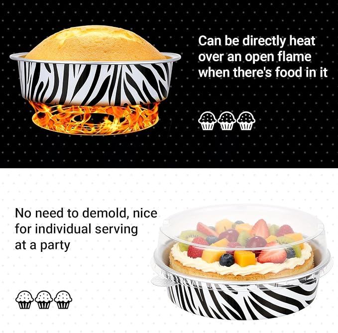 Beasea Mini Tart Pans with Lids 50 Pack, 4" 7.3oz Disposable Aluminum Foil Baking Tins Cups Round Pie Container for Individual Cupcake Dessert Muffin Cheesecake Quiche - Zebra Stripes