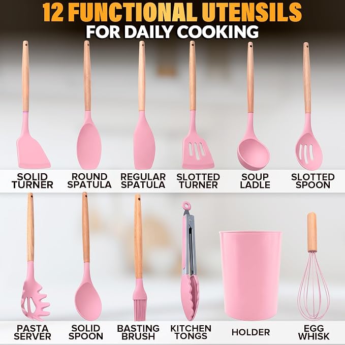 Kitchen Utensils Set with Holder for Nonstick Cookware - 12 Pcs Pink Silicone Cooking Utensils Set, Kitchen Tools for Daily Cooking - Wooden Handle Cooking Tools for Baking Serving and Mixing Tasks